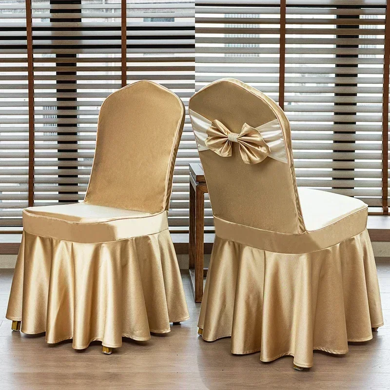 10/50pcs Satin Chair Cover with Bow Hotel Banquet Wedding Decoration Party Event Glossy Seat Cover