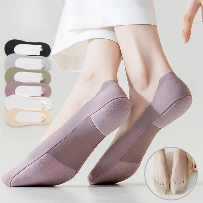 Women's Ice Silk Invisible Boat Socks 3 Pairs Extra Thick Cushion Sole Shock-Absorbing Anti-Slip Silicone Heel