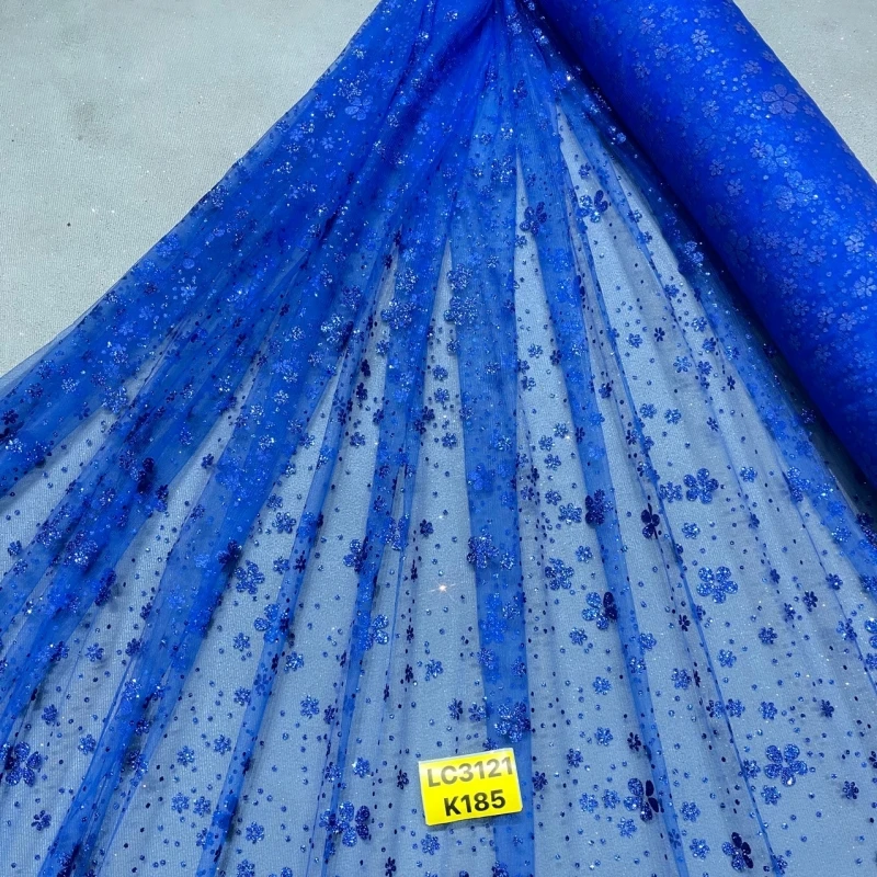 10 Yards Royal Blue Fadhion Patterned Wedding Dress Fabric with Mesh Gold Spray Lace 150cm Wedding Party Spray gold Tull fabric