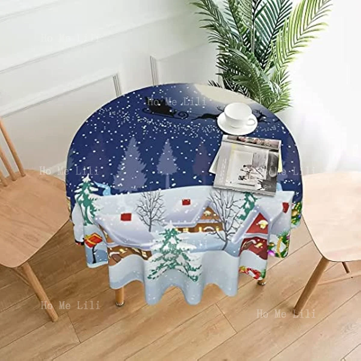 Christmas Circle Blue Tablecloth Winter Snowman Tree Santa Claus Stars Snow Dust And Wrinkle Resistant