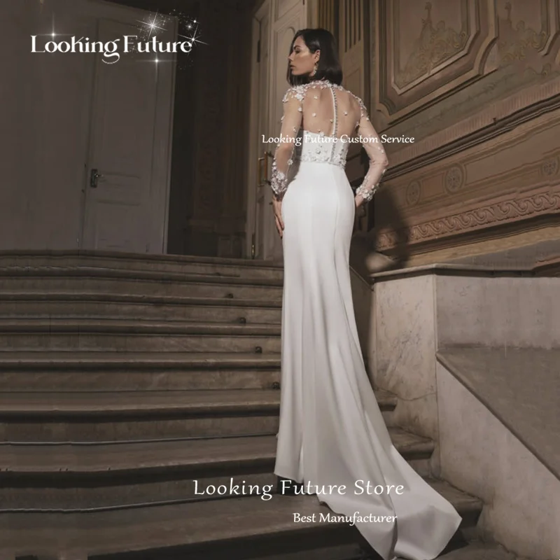 Simple Mermaid Satin Wedding Dress 2026 High Neck Pleated Lace Appliques Long Sleeves Sexy Open Back With Button Gown Customized
