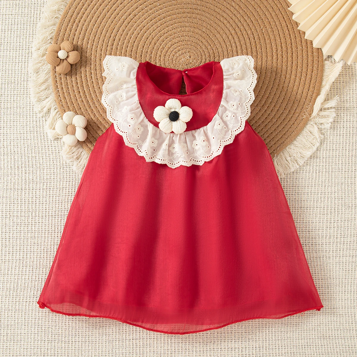 Toddler Baby Girl Red Chiffon Dress Summer Flower Ruffled Dress for Kids First Birthday Party Dress Clothes