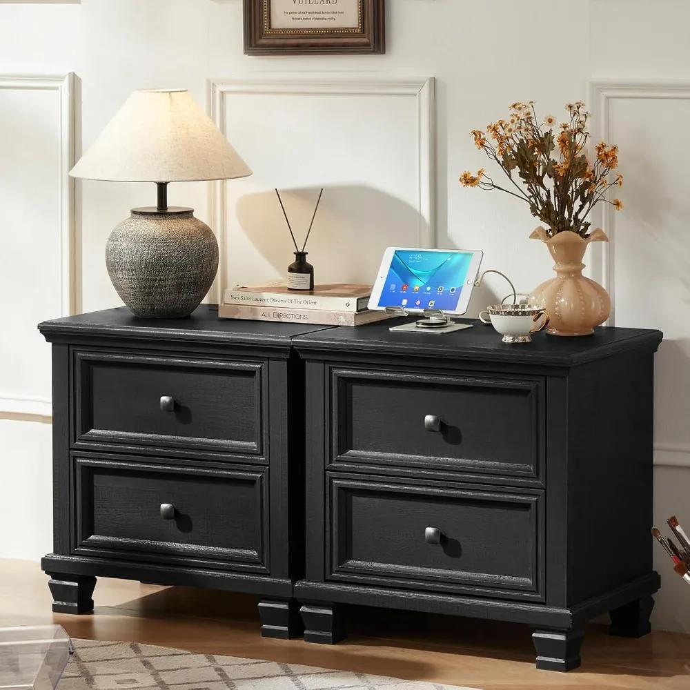 

Farmhouse-style Bedside Table Set (2 Pieces), Rustic Low Bedside Tables with 2 Drawers and A Charging Station