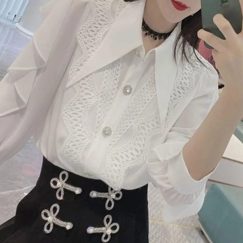 Spring Summer Commute Ruffles Spliced Shirt Female Clothing Turn-down Collar Stylish Lace Hollow Out Chic Single-breasted Blouse