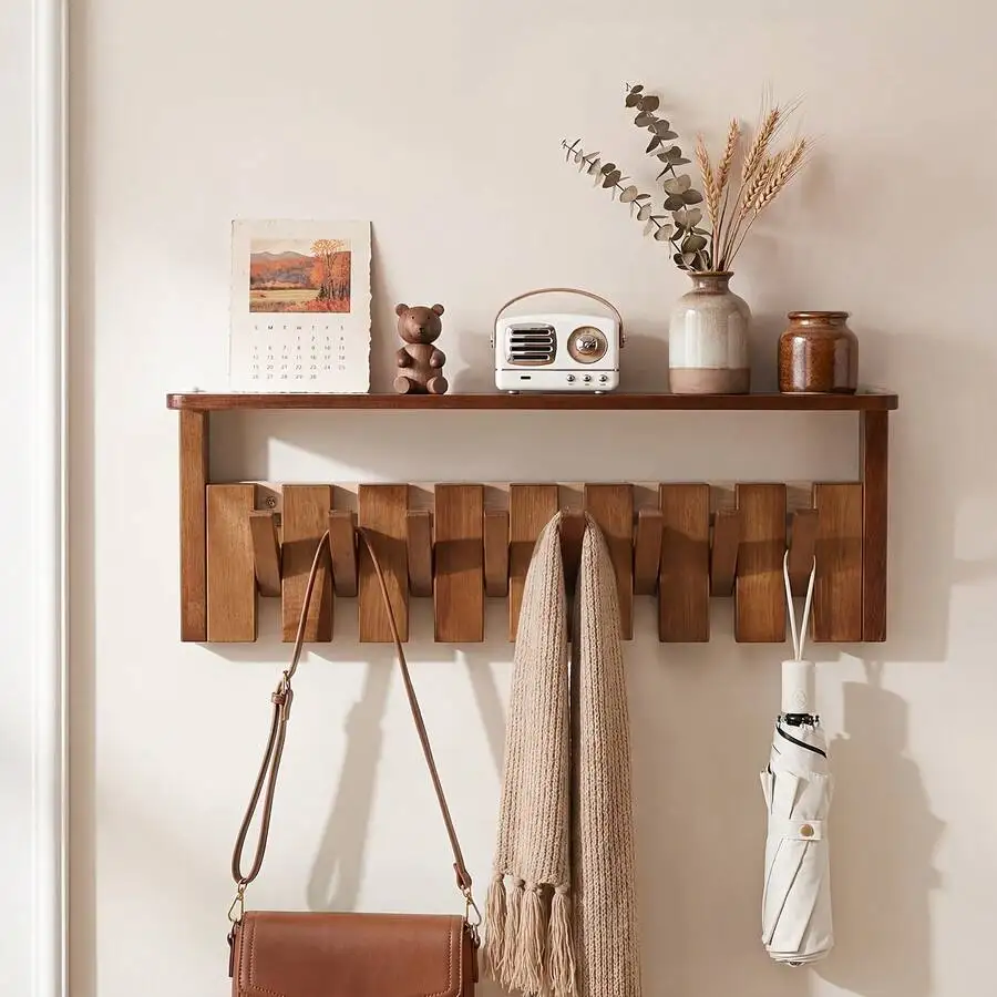 Wall Mounted Coat Rack With Shelf, Solid Wood Floating Organizer With 6/8 Magnetic Hooks For Clothes/Hats/Bags – Brown