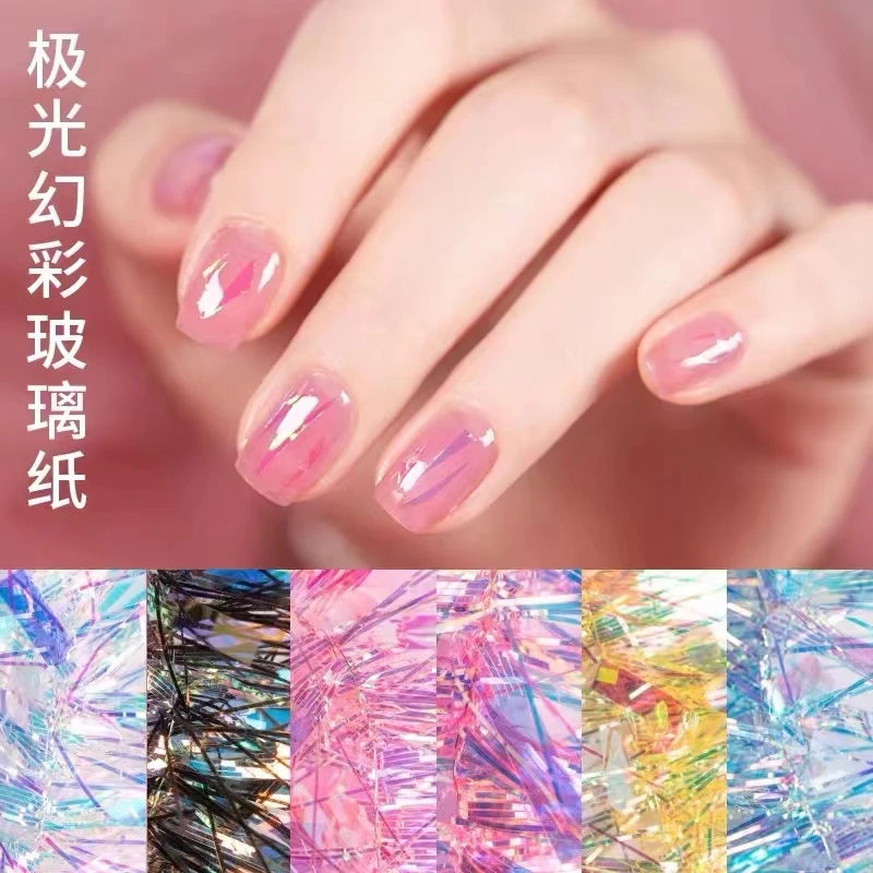 4 Kleurverloop Aurora Cellofaan Nagelstickers, Spiegelontwerp Gebroken Glazen Nagelstickers 3d Gebroken Glas