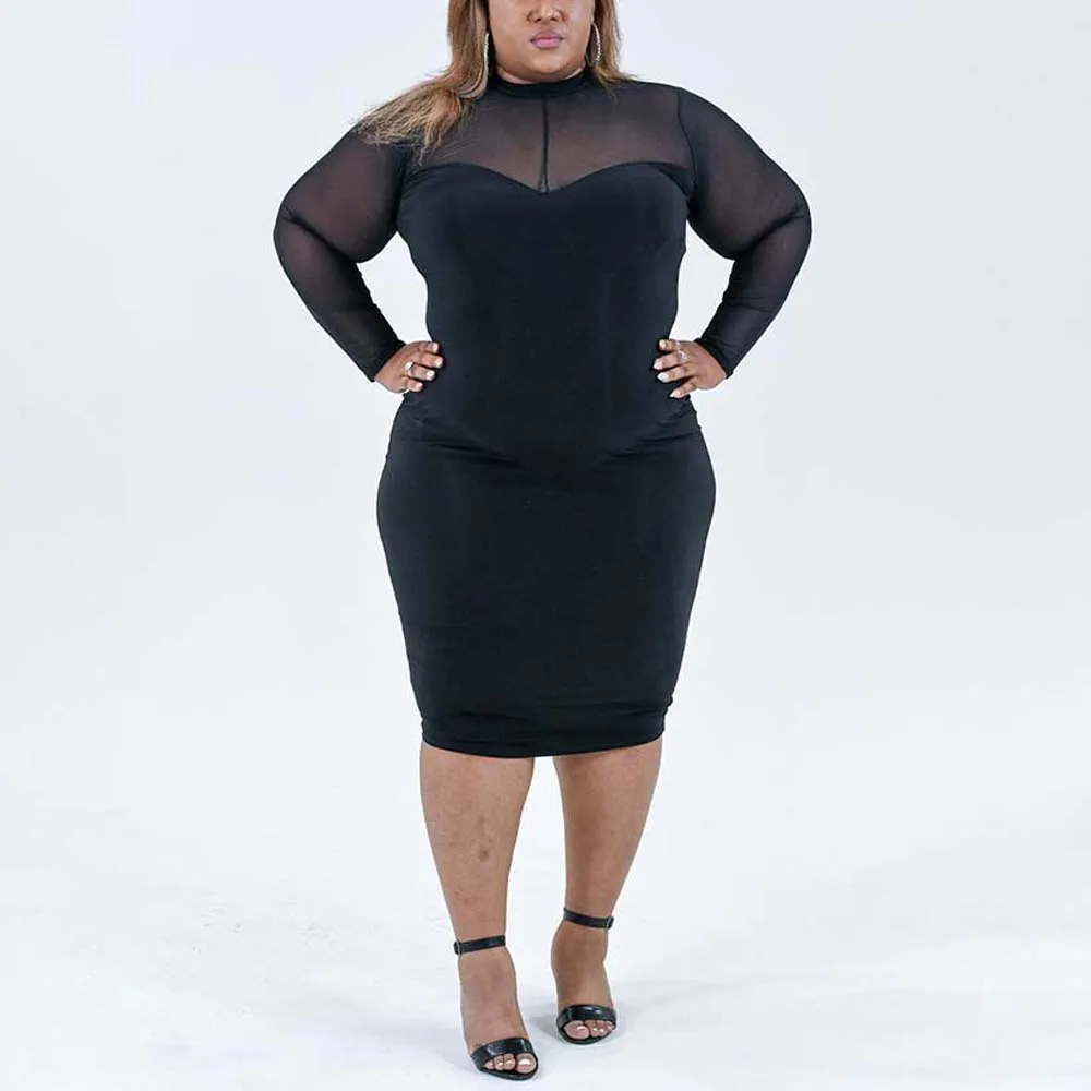 

Sexy Black Dresses for Women Transparent Full Sleeve Round Neck Bodycon High Waisted Mid Calf Elegant Ladies Evening Night Dress