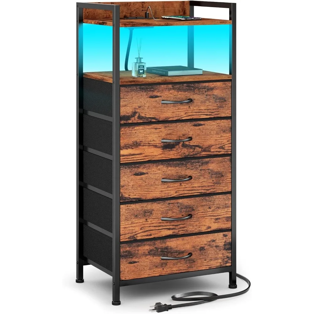 

5 Drawer Nightstands Dresser for Bedroom, Tall Nightstand with Led Light and Charging Station, Nightstands