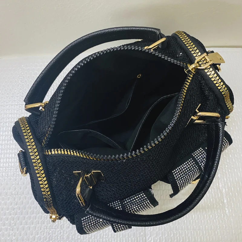 Moto & Biker Bag For Women Luxury Designer Handbag And Purse 2023 New In Mesh Disc Weave Shiny Mosaic Imitation Diamond Shoulder