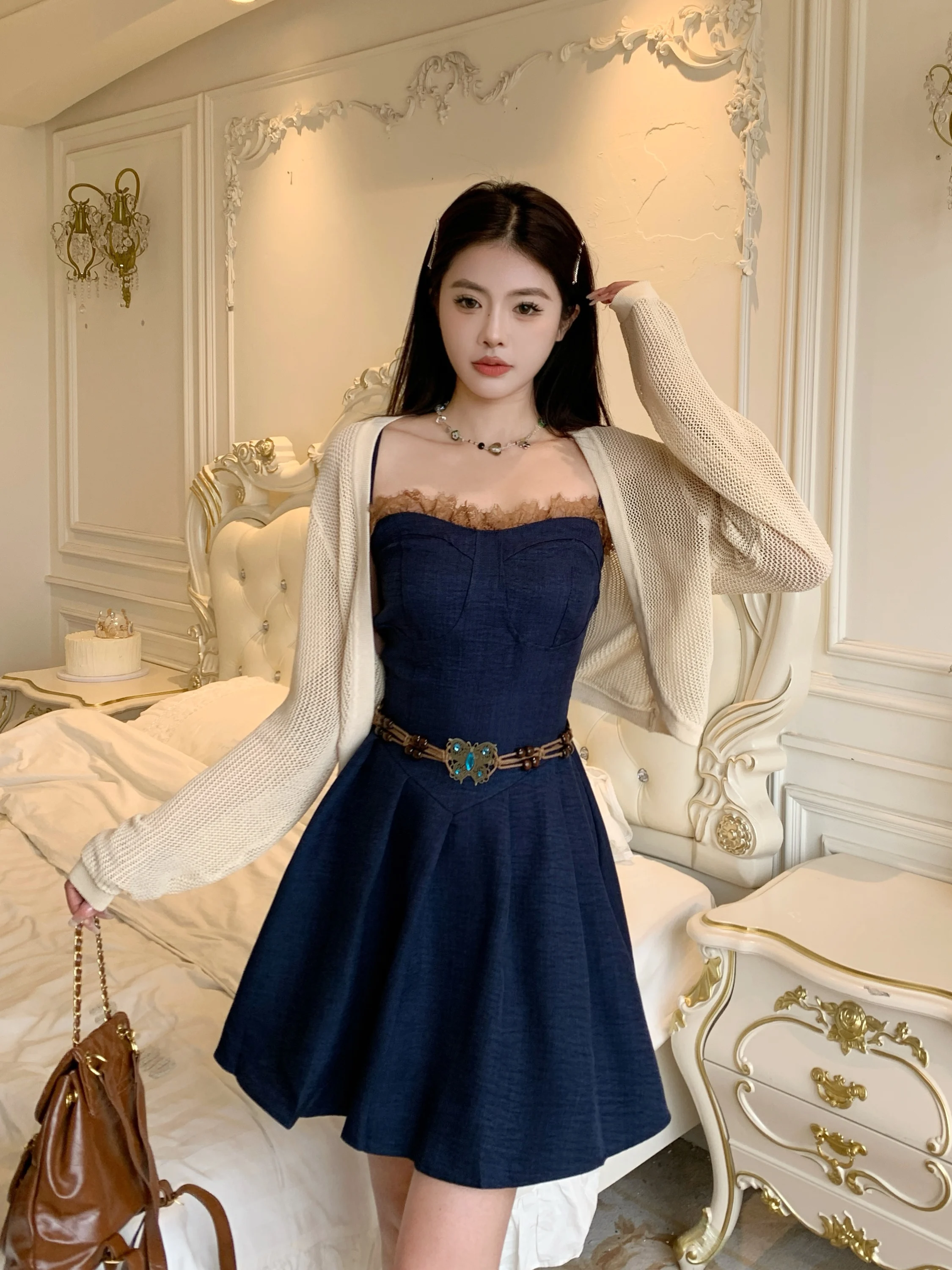 

plus Size Women's Vintage High Waist Denim Pleated Dr Summer New Sle Thin Sun Protection Top Faionable Wrap Dr