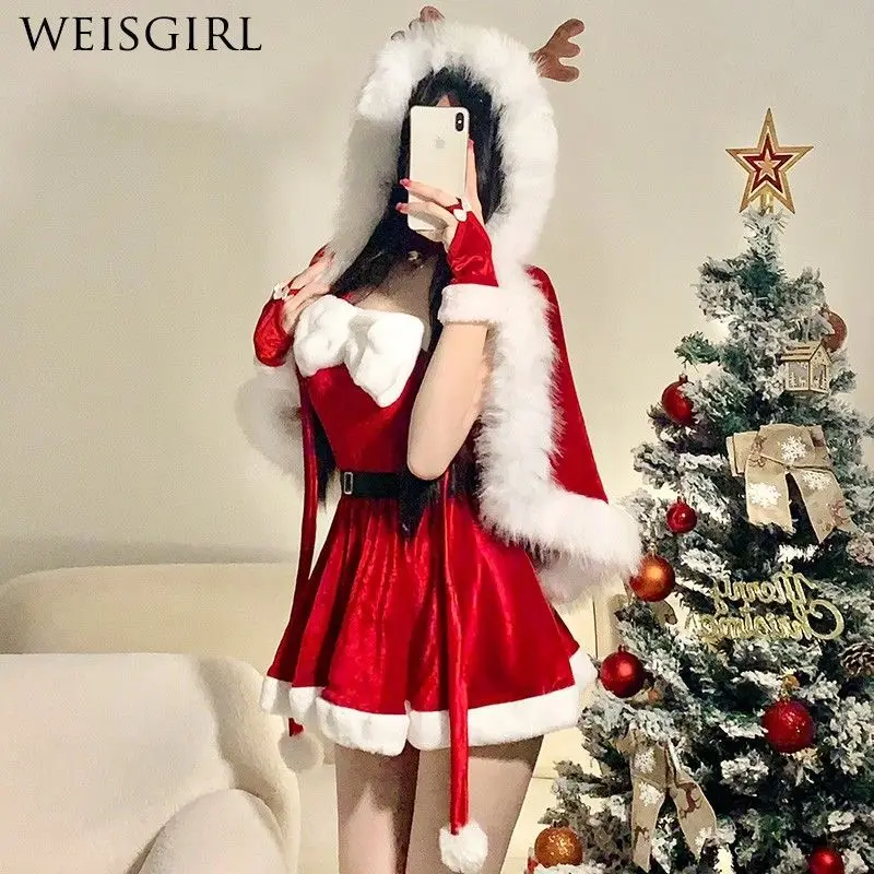 Red Furry Cape Christmas Pure And Playful Pajamas Sexy Fur Cosplay Cloak Cos Christmas Elk Cute ＆ Sweet Cloak Small Antler Cape