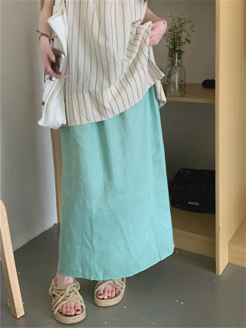 

Alien Kitty Mint Green Women Skirts Chic Elegant Summer Fashion Sweet New Daily High Waist Loose Gentle All Match Cotton Linen