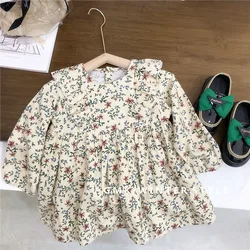 RAISE Spring Children Girl Princess Dress Cotton Floral Print Long Sleeve Vestido Loose Peter Pan Collar 2-8Y Little Girl Dress