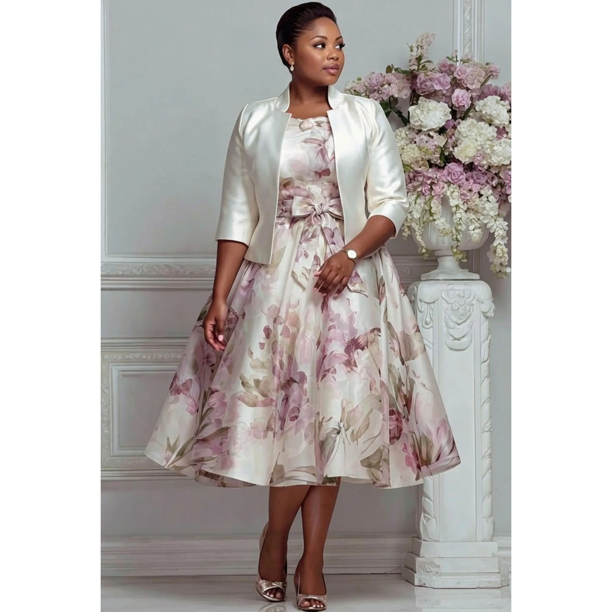 Floral Print Plus Size 2 Piece Set For Women Satin 3 4 Sleeve Cropped Jacket Midi A Line Formal Dress For Wedding Guest Evening