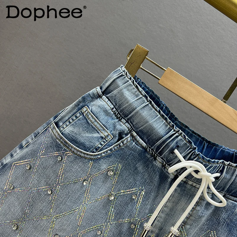 Diamond Sequins Fashion Baggy Jeans Women's 2023 New Summer High Waist Slimming Wide Leg Denim Shorts Ladies Hot Pants