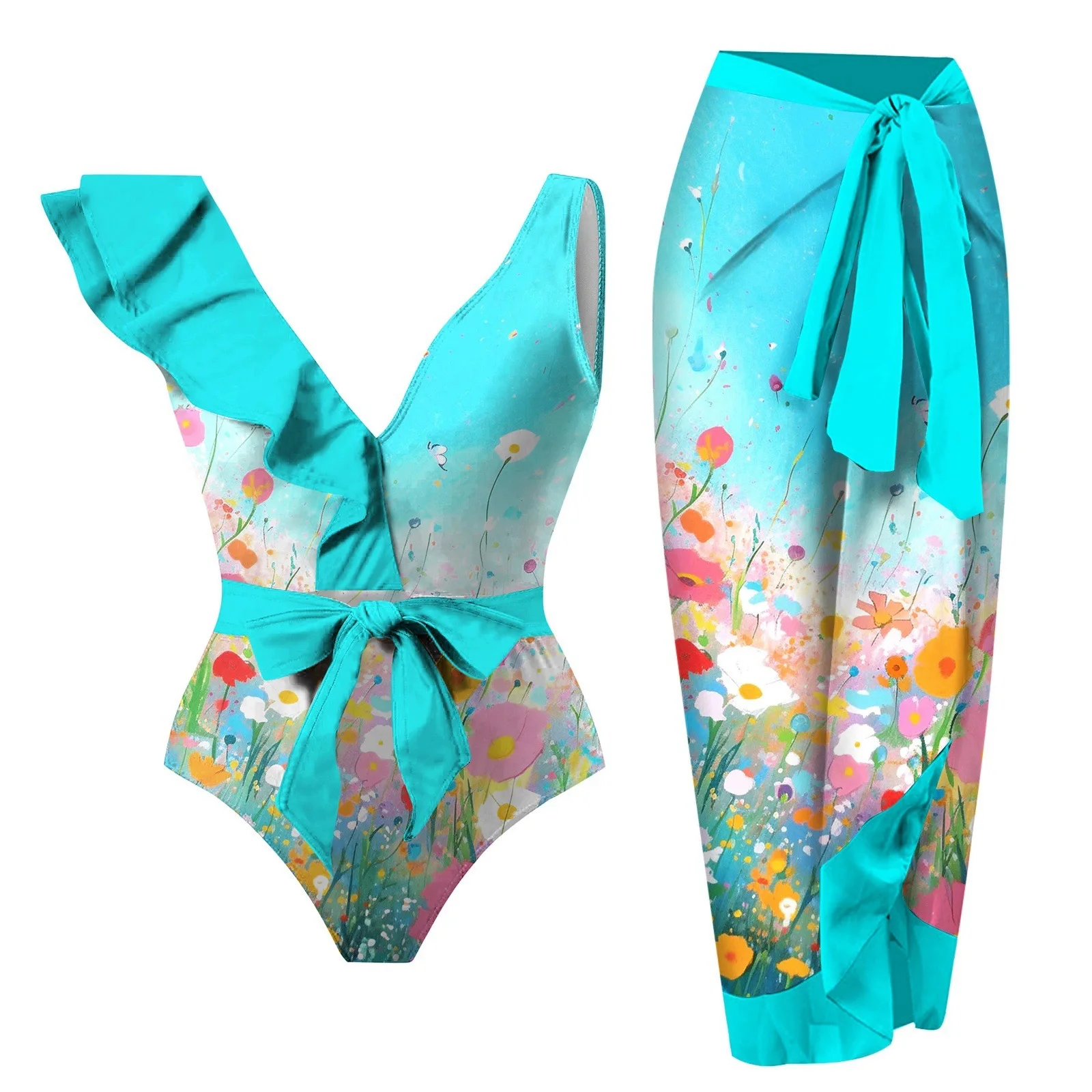 Maillot de bain une pièce pour femme, vêtement de plage, protection solaire, bord volant, style jupe, bikini, nouveauté, 2024