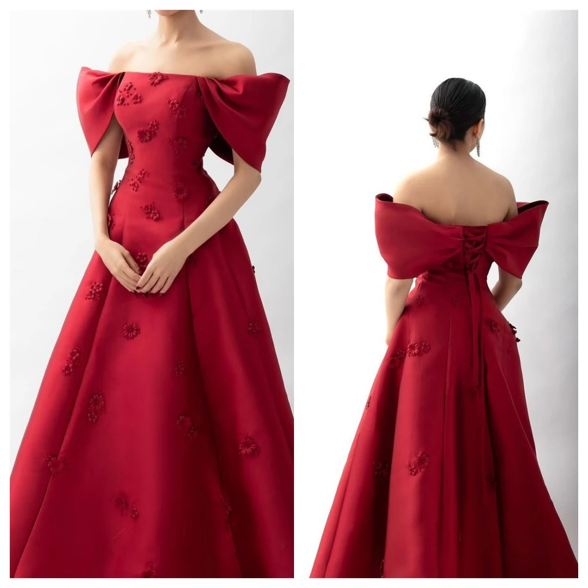 فستان سهرة من الساتان الأحمر عالي الجودة مخصص برقبة قارب قبالة الكتف وأكمام قصيرة فستان العودة للوطن فساتين المشاهير زهرة