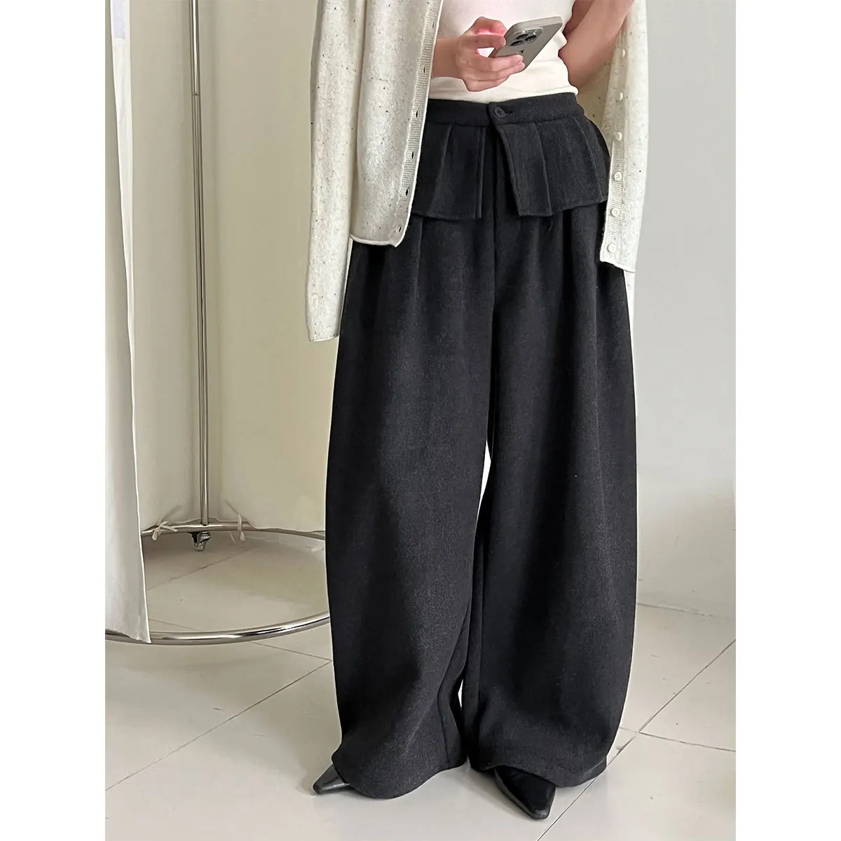 Korean Style Thickened Woolen Wide-Leg For Women Winter Design Sense Warm Casual Long Pants