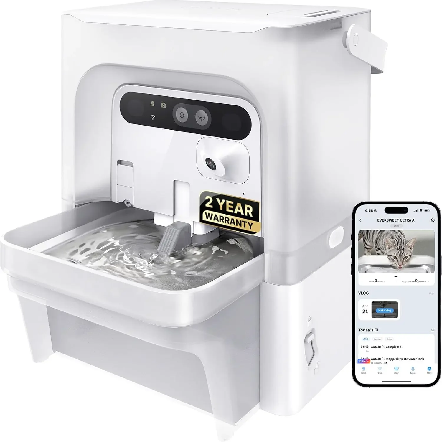 Eversweet Ultra Cat Water Fountain with AI Camera, Filterless | Wastewater Separation 169fl oz/5L Automatic Dog Water Fountain