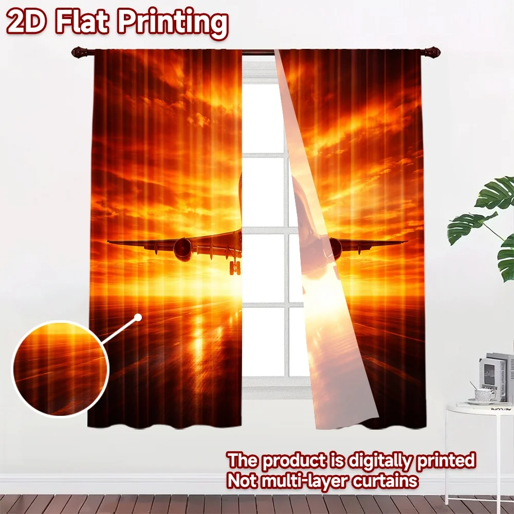 2D flat printing 2pcs Curtain Window Curtains Airplane at Sunset Digital Printed Polyester Drapes All Season Party & Holiday