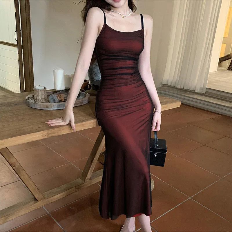 Deeptown Sexy Luxury Woman Evening Dress Red Mesh Gothic Elegant Party Bodycon Dresses Maxi Dress Chic Female Night Club Outfits