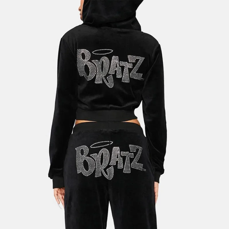 Women Harajuku Pink Zip-up Hoodie Oversized Rhinestone Kawaii Jogging BRATZ Print Sweatpants Y2k Joggers Plush Aesthetic Women