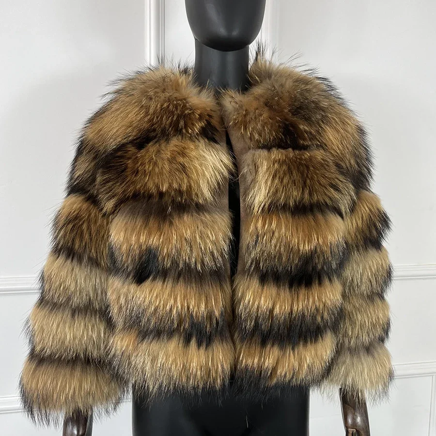 Haute qualité recadrée fausse fourrure de raton laveur manteau femmes hiver mode O cou à manches longues moelleux courte fausse fourrure veste haut court vêtements d'extérieur