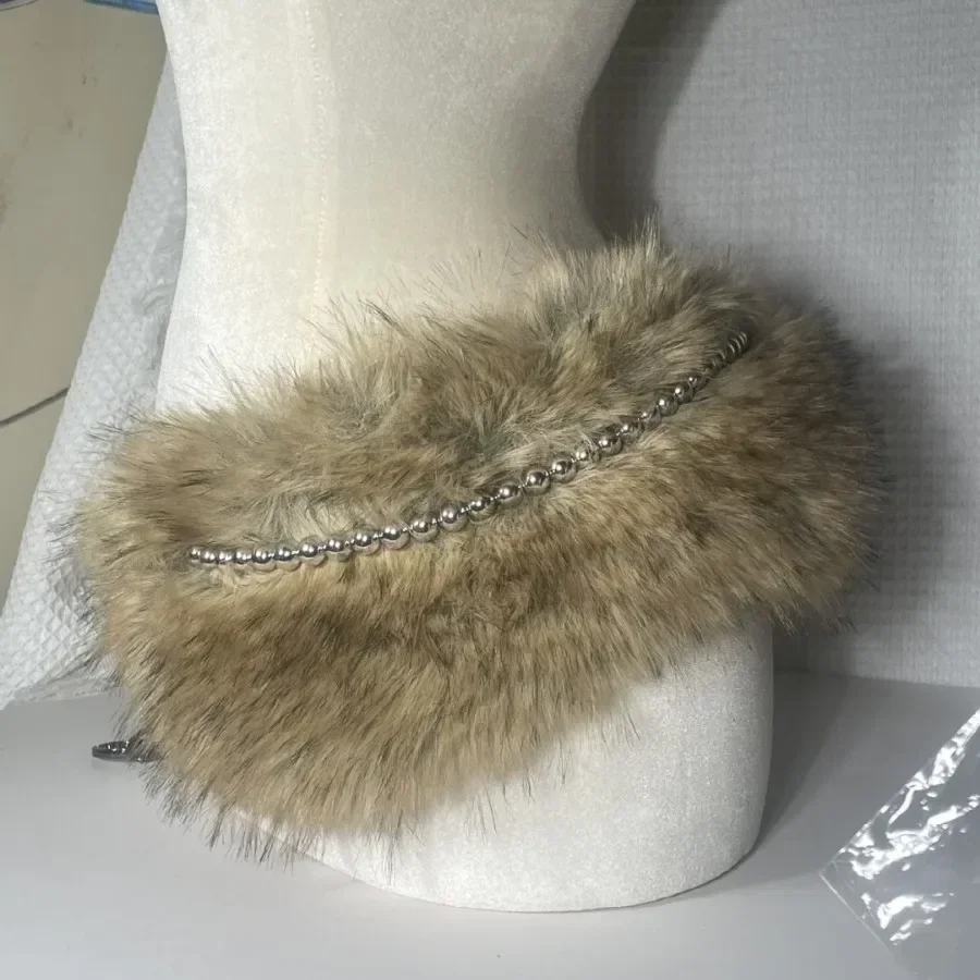 Vintage Faux Fur Belts Y2K Metal Bead Chain Plush Waist Chain Furry Fur Sexy Cowgirl Waistband Punk Belt Jeans for Night Club