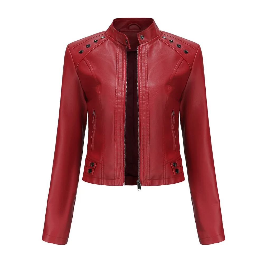 Women's Zipper Rivet Leather Jacket, Long Sleeved Jacket, Standing Collar, Fashionable Jacket, Spring and Autumn