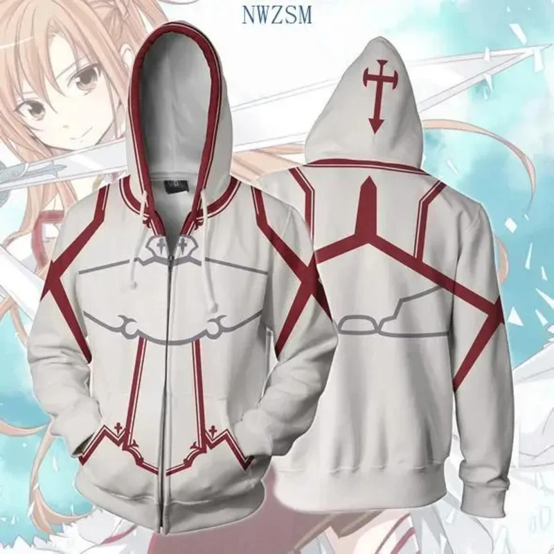 ♥ AA SAO Sword Art Online Kirito Asuna Disfraz Cosplay Sudadera con Cremallera 3D de Manga Larga para Hombre, Sudadera con Capucha de Anime Oversize Talla S Nuevo 2026