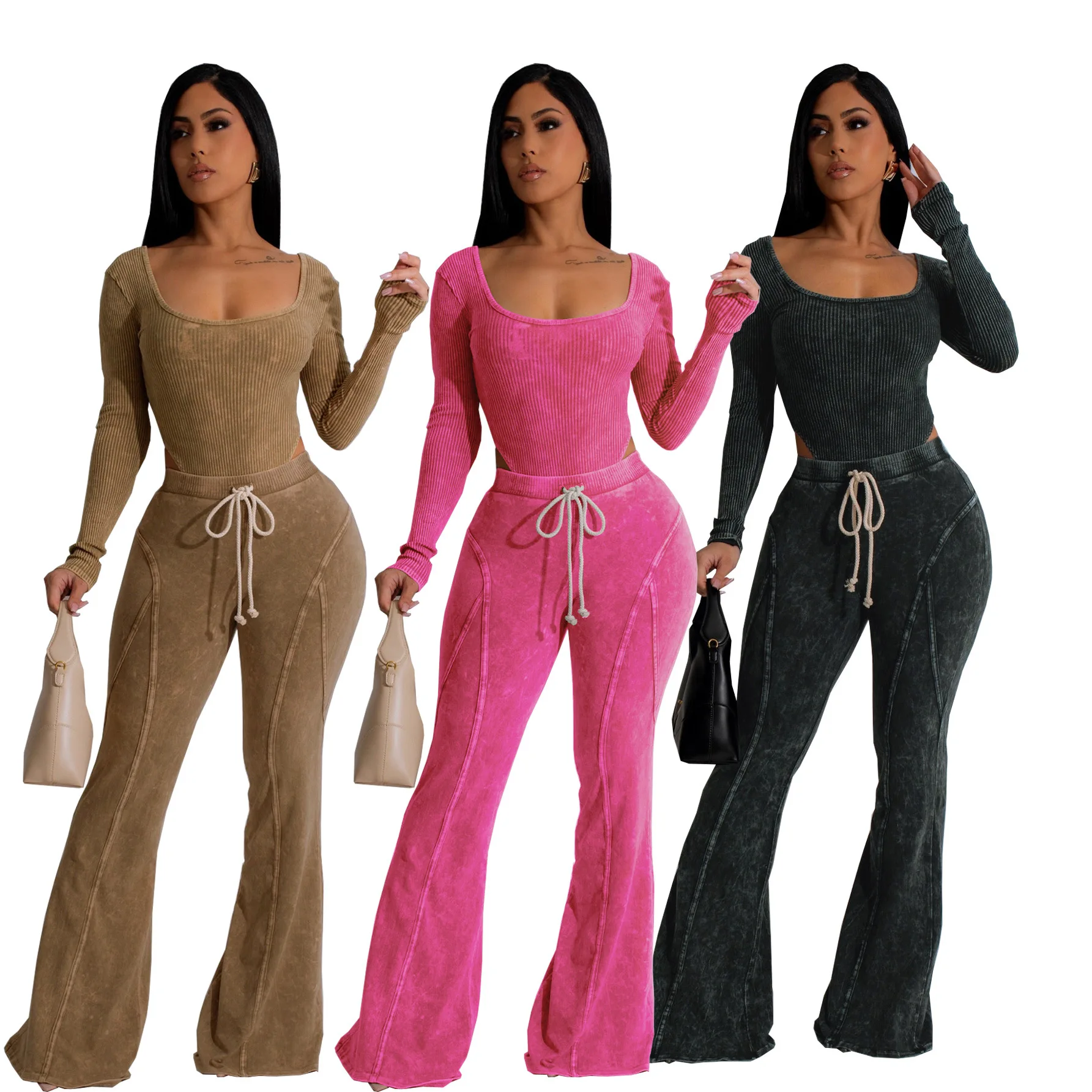 

Pant Set Women Two Piece Sets Matching Sets Y2k Streetwear Tops Long Pants Elastic Waist Lace Up Sports Suit Sportswear Bodycon