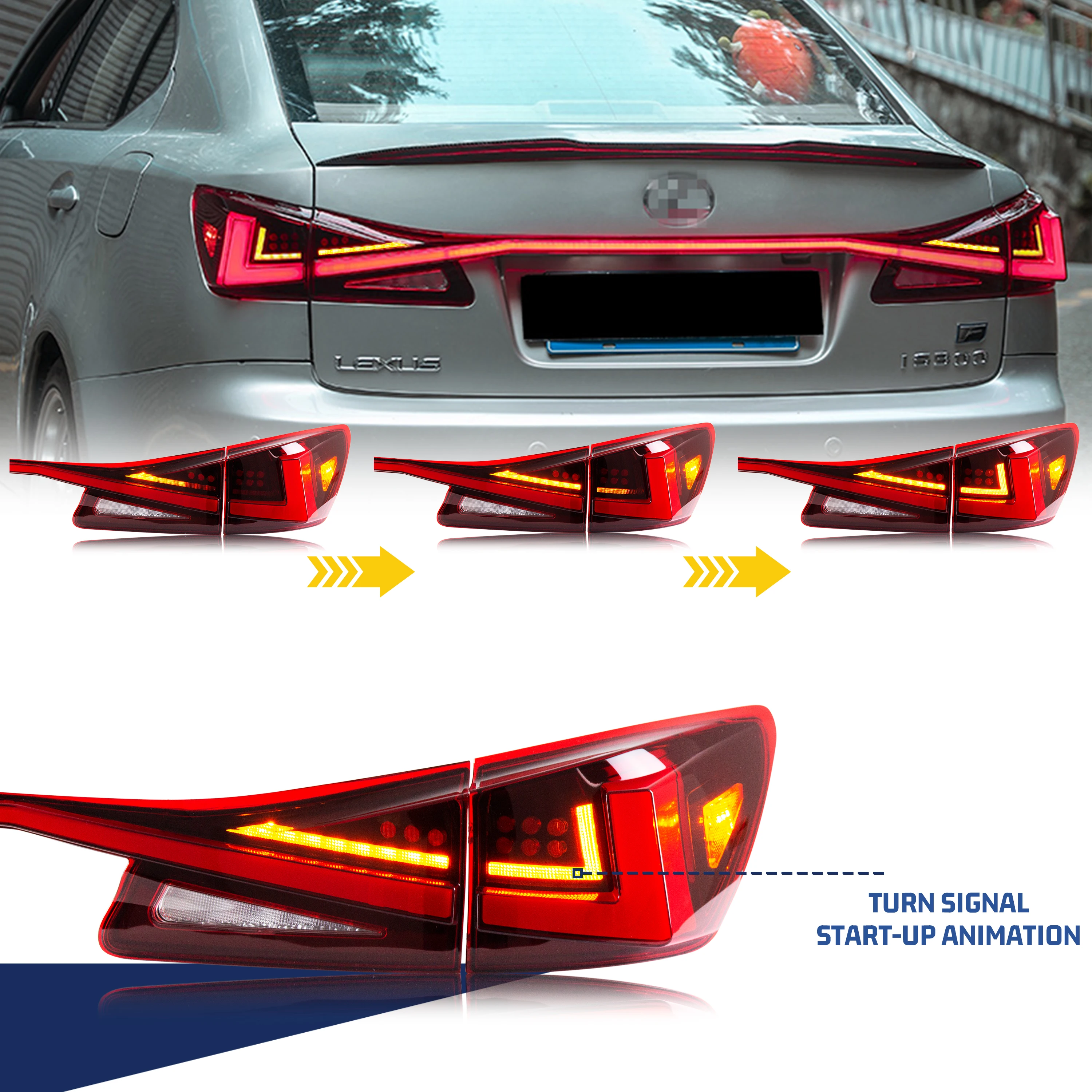 LED Tail Lights & Middle Lamp for Lexus IS250 IS350 ISF 2006-2013 Red Start-up Animation Sequential Turn Signal Facelift Rear