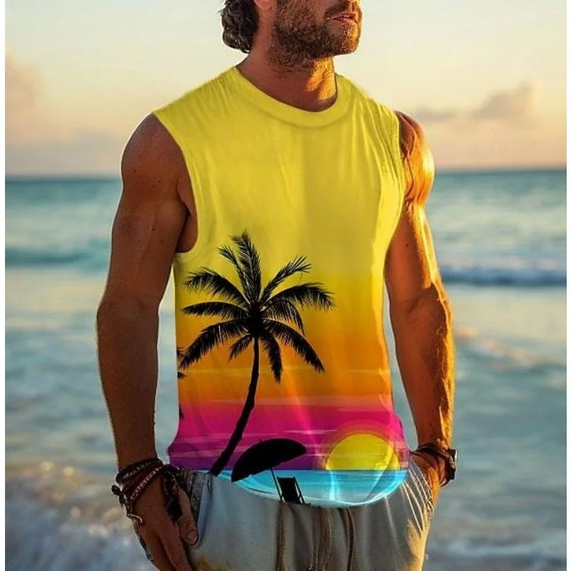 3D Printed Flower Leaf Tank Tops For Men Coconut Trees Sunset Pattern Tees Summer Casual Loose Street Sports Round Neck Vest Top