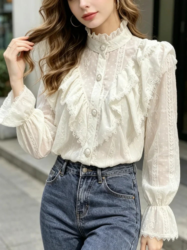 

2026 Spring Elegant Stand Collar Pleated Tops Fashion Long Sleeve Loose Button Women Shirt Casual Ruffle Lace Blouse Blusas