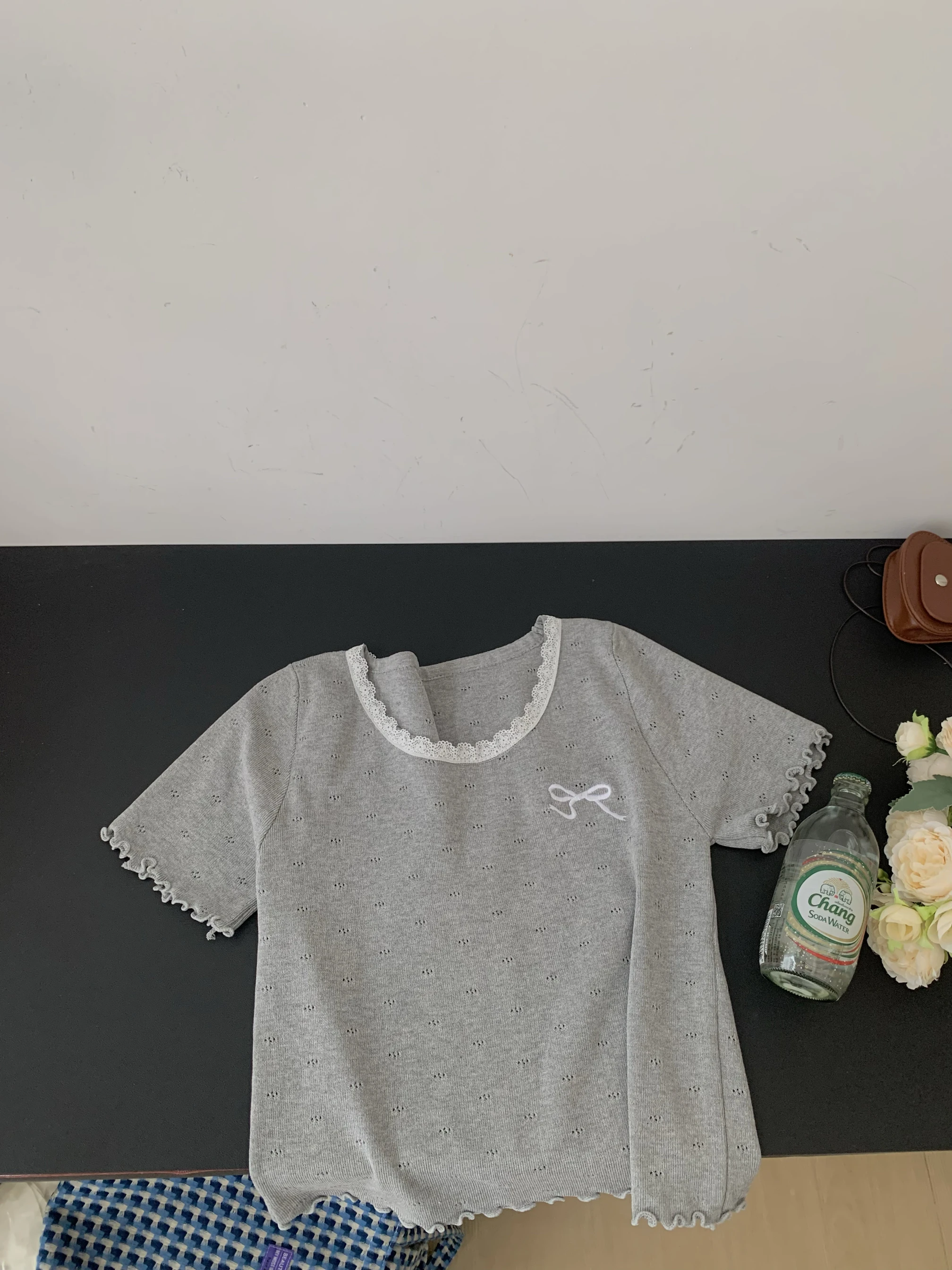 

Blue Embroidered Hollow Knitted Summer Top with Knot ort Sve Thin T-irt Women's Commute Sle Straight Cut