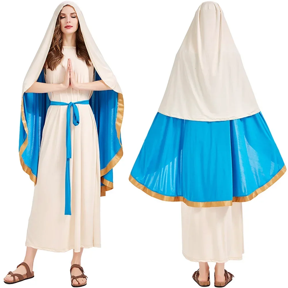 فستان مريم العذراء التنكري بدون أكمام للنساء والفتيات بغطاء للرأس كريستيان بيبليكال نون كاهن زي فستان الهالوين