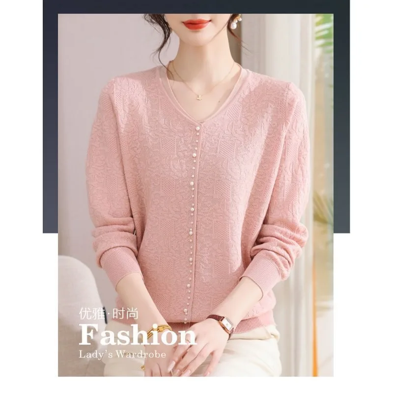 Nuova moda autunnale Base Top lavorato a maglia con scollo a V maniche lunghe con perline per maglione versatile da donna