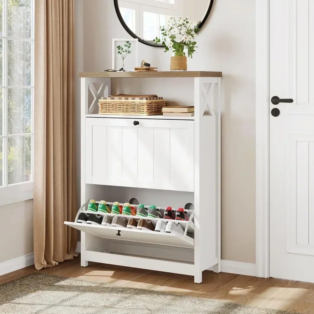 

Shoe Cabinet with 2 Flip Drawers, Entryway Shoe Storage Cabinet with Open Shelves, Free Standing Hidden Shoe Rack Storage