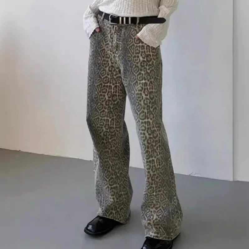 JHJN アメリカンレトロヒョウハイウエストだぶだぶのジーンズ女性のカジュアルポケットヒップホップパンツ春 Y2K オーバーサイズパンサーデニムズボン