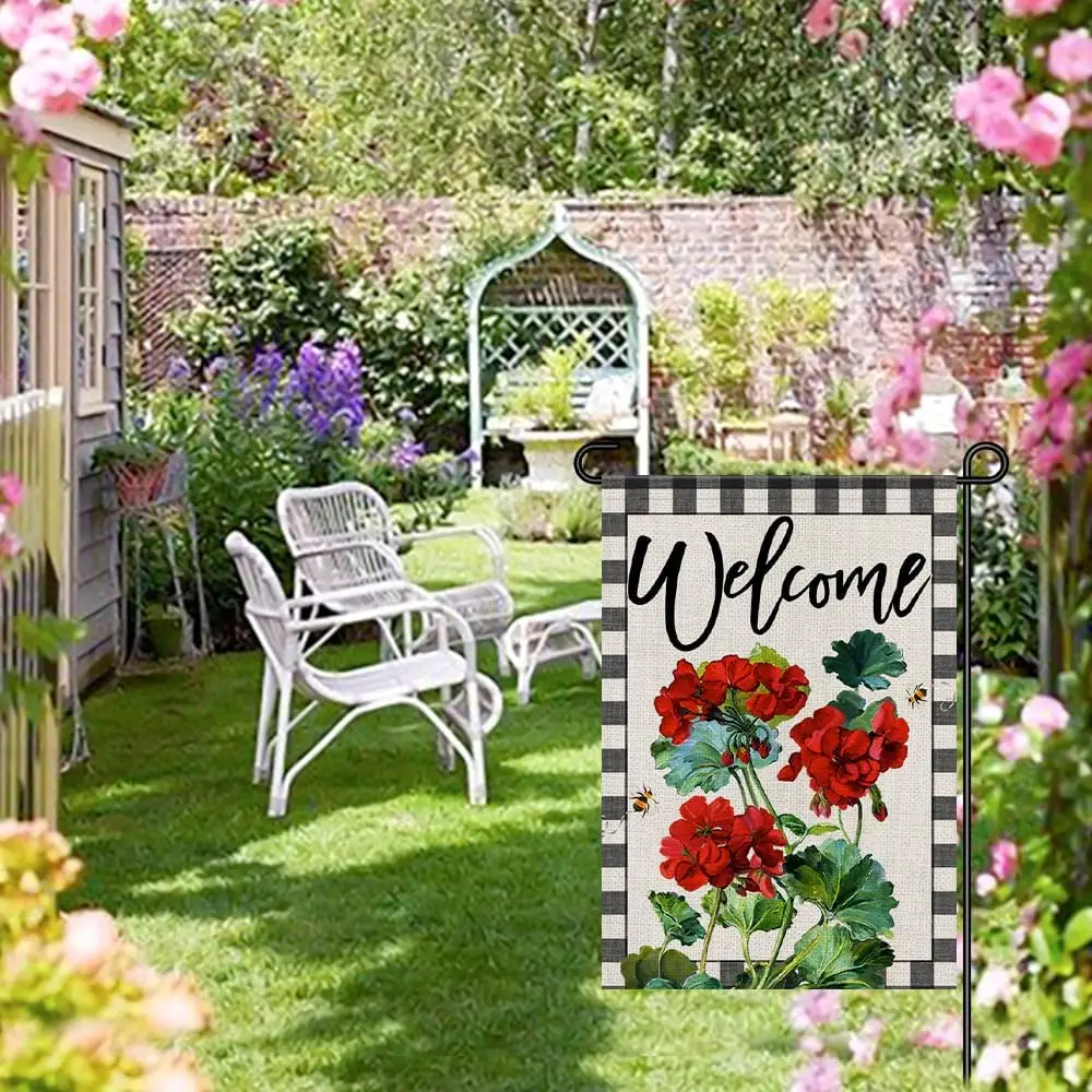 Welcome Spring Summer Geranium Garden Flag 12x18 Inch Burlap Double Sided Outside, Seasonal Floral Bee Small Sign Yard Outdoor D