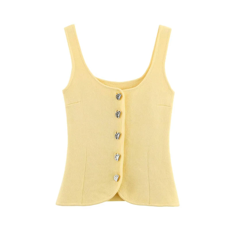 

Лето 202, женская облегающая желтая вязаная майка на пуговицах спереди с квадратным вырезом, шикарные женские топы