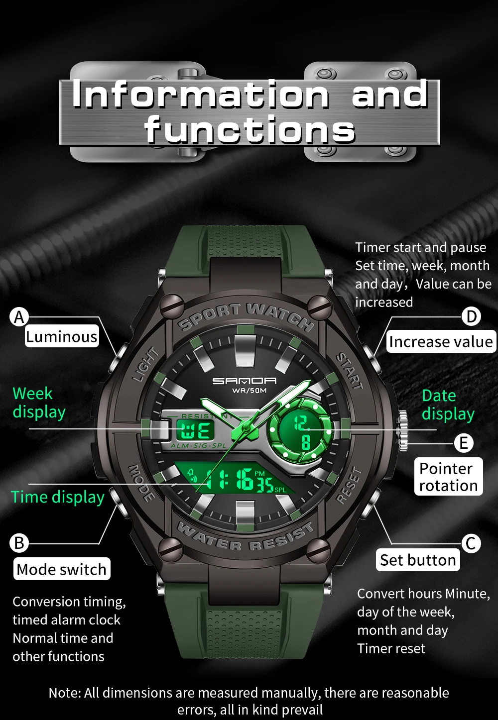 SANDA 2024 New Men\'s Watches 50M Waterproof Quartz Wristwatch Sport Military LED Digital Watch for Male Relogios Masculino 3123