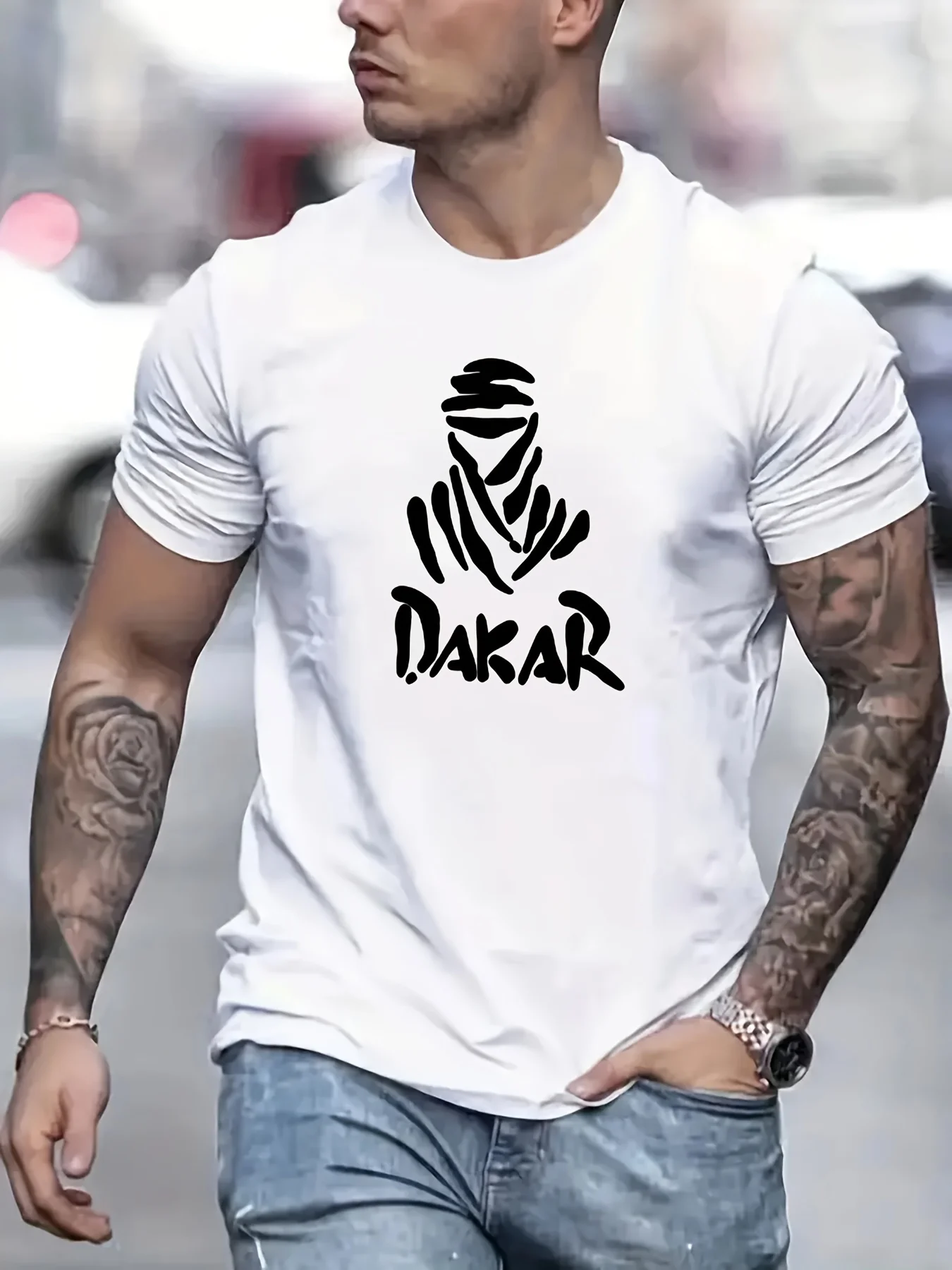 

Men's Cotton T-Shirt with Dakar Graphic Print - Casual Short Sleeve Round Neck, Breathable Summer Tee