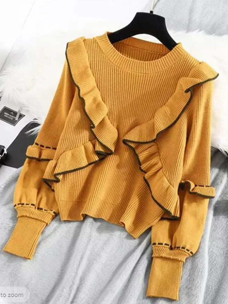 Autumn Winter Women\'s Top Korean Style The Ruffle Stitching Pullover Sweater New Lantern Sleeve Knitted Bottoming Tops LL283