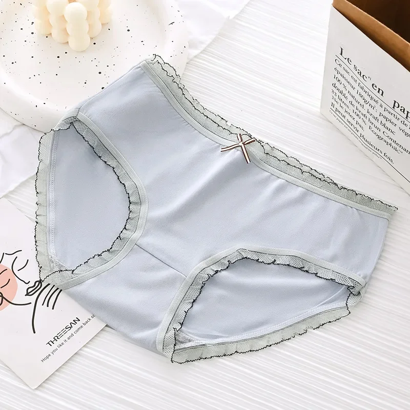 Underwear Women  Panties Sexy Lace Mid Waist Briefs Breathable Underpants Plus Size Pantys Solid Color Lingerie