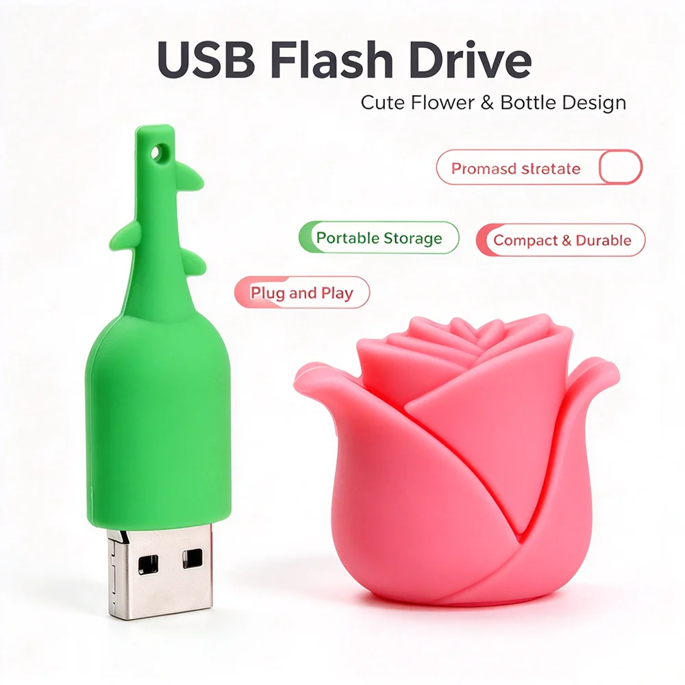 Beautiful USB Flash Drive 8GB 16GB Red Pink Rose Flowers High Speed Pendrive 64GB 32GB 4GB Memory Stick Pen Drives Creative Gift