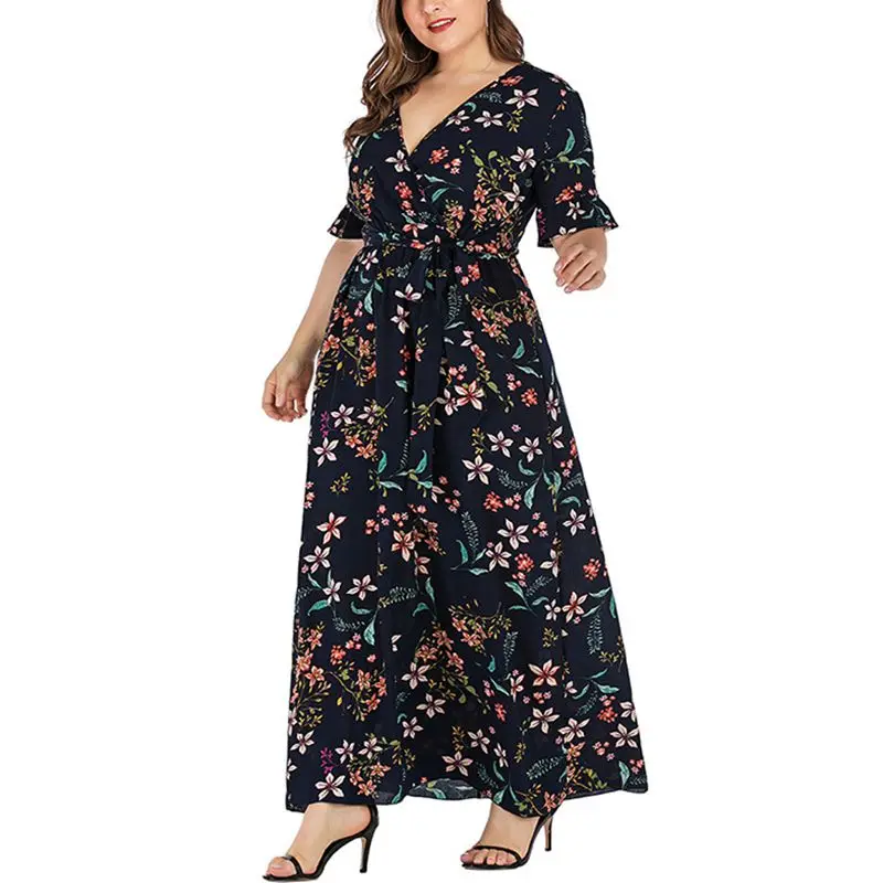 Gaun bermotif renda kerah V wanita, lengan melebar, ikat pinggang modis ukuran plus, kualitas seksi, gaya musim panas baru,