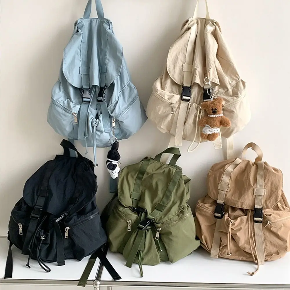 Solid Color Drawsting Backpacks Light Weight Large Capacity Ruched Shoulder Bags Casual Nylon Student Schoolbag Men Women