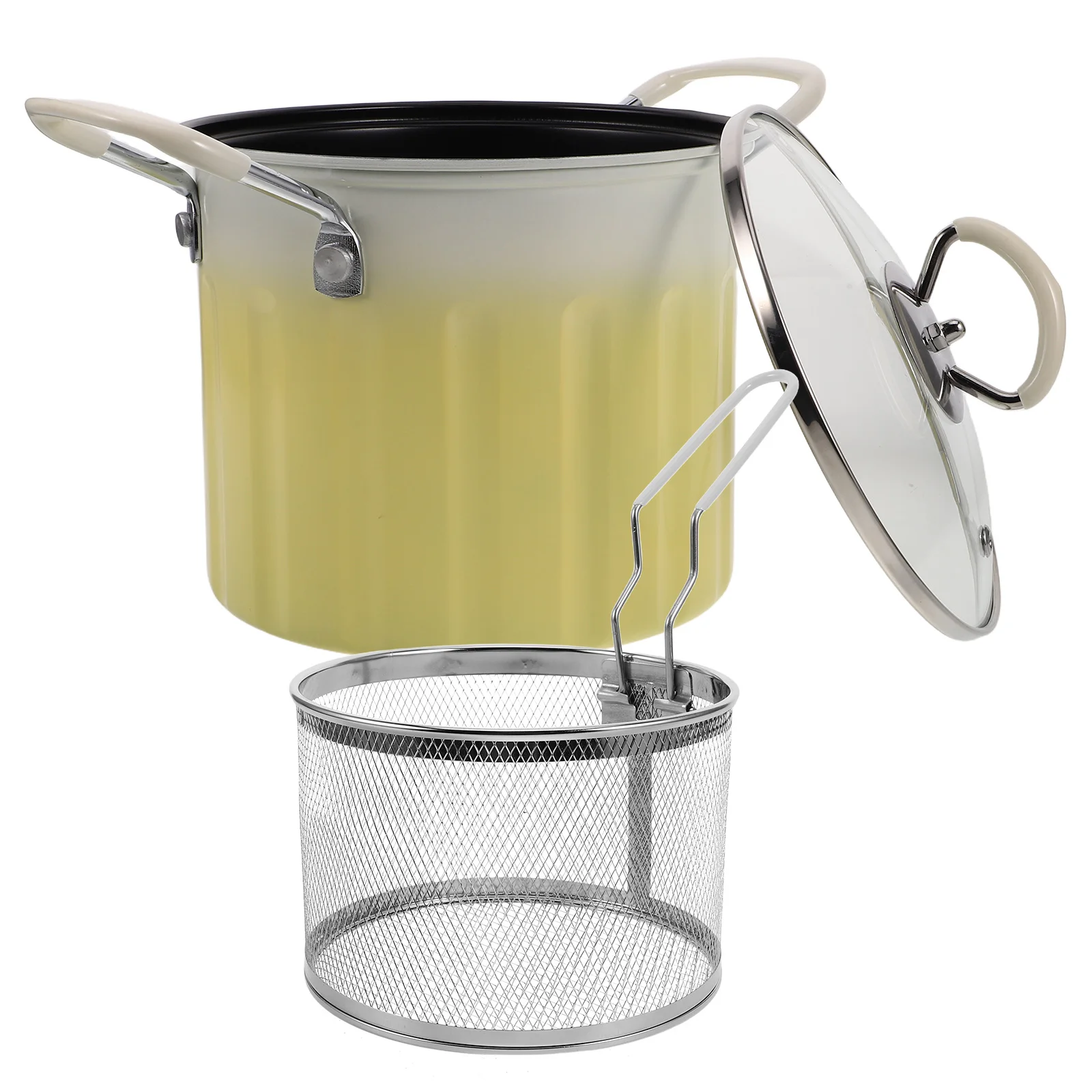 

Multifunctional Cast Iron Deep Fryer Pot Oil Drainer Lid Induction Gas Stove Heat Resistant Handles Non Slip Base Yellow Tempura