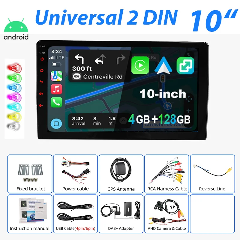 Universeel Autoradio ESSGOO Android 15 7"/9"/10" 4+128 GB 2 DIN Draadloze CarPlay Android Auto GPS Navigatie RDS FM Bluetooth 7 Kleuren ASP-scherm Mirror Link Aanraakscherm Stuurwielbediening
